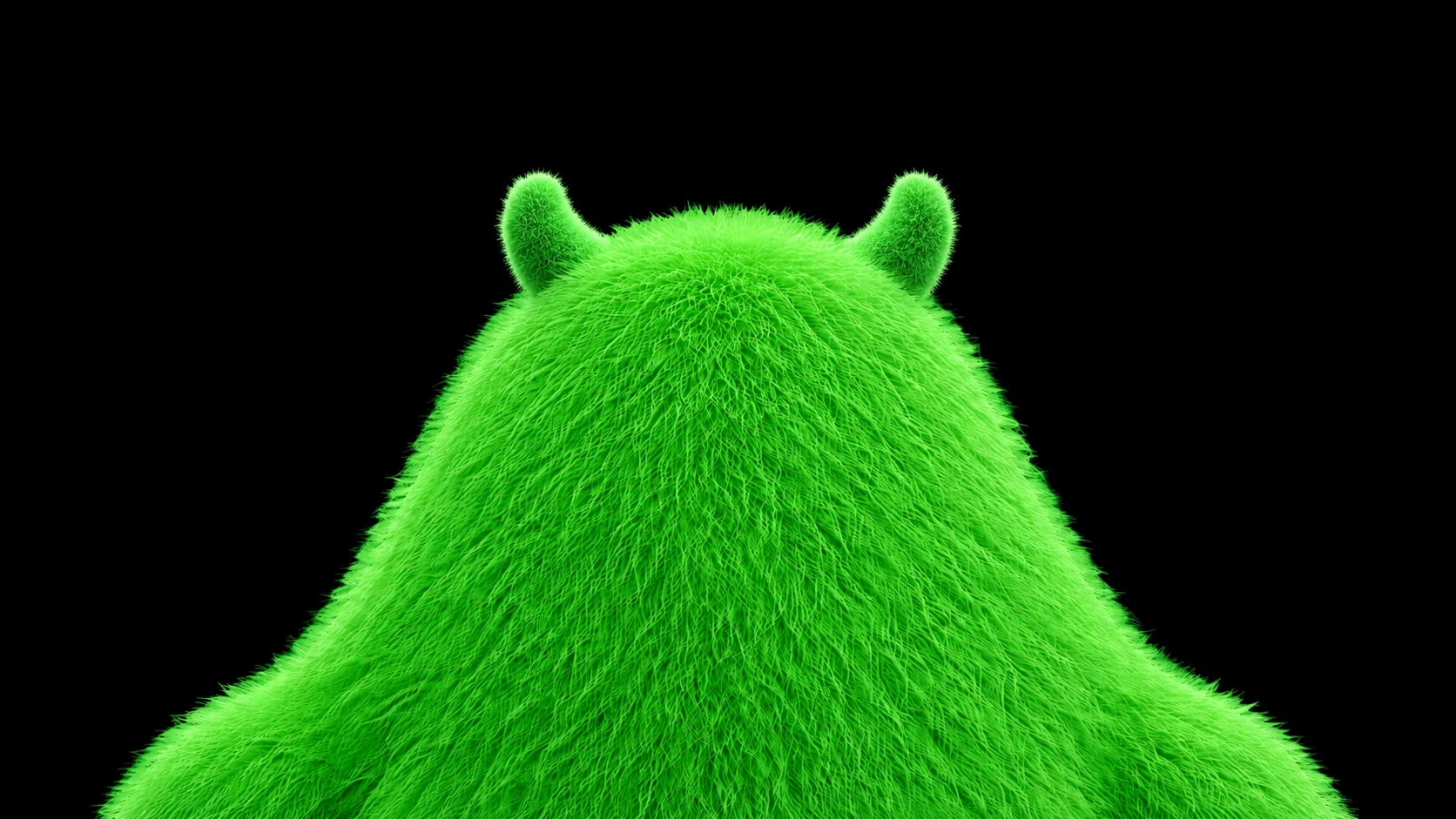 Mascote verde e peludo, de costas, subindo do rodapé da página.